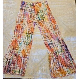 Haystacks Wide Leg Stretchy Knit Pants - Womens L Fun Pink Print Ruffle Hem